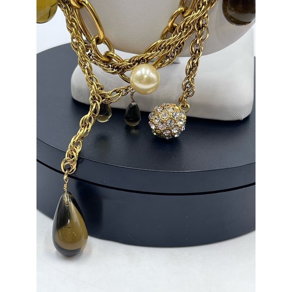 J. Crew Gold Tone Triple Strand Topaz Teardrop Glass White‎ Faux Pearl Necklace - Picture 6 of 12
